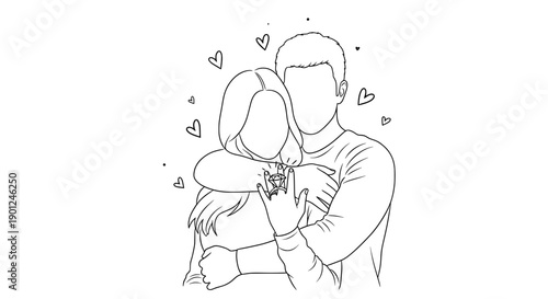 Couple embracing in a minimalist line art technical diagram