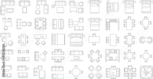 A collection of various architectural blueprint icons isolated on transparent background