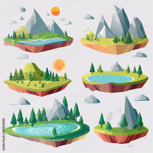 Illustration of six floating island landscapes with mountains, trees, and water bodies against a light gray background with a flat, cartoonish style and a mix of cool and warm tones.
