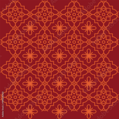 Red orange traditional islamic geometric floral seamless pattern vector background
