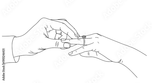 Engagement ring being placed on finger line art sketch