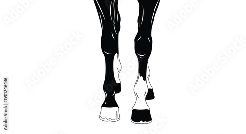 Strong Front Legs and Hooves of a Black and White Horse Standing Still