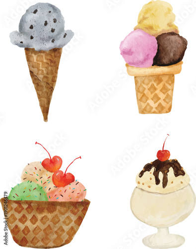 watercolor ice cream vanilla, strawberry, chocolate, banana, peach, green tea illustration 