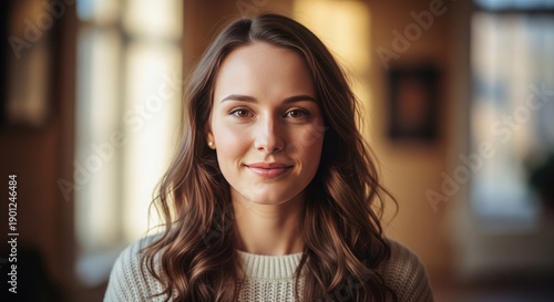 A beautiful brunette fashion model with a happy smile looking forward, showing the radiant face and eyes of a young teen lady