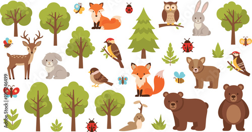 Cute forest animals and woodland elements set with trees birds insects cartoon vector