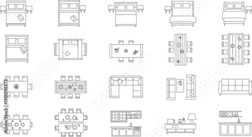 A collection of 2d architectural blueprints and floor plans isolated on transparent background