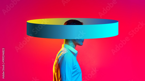 Obraz na plátně Vivid mixed media circular halo male head portrait