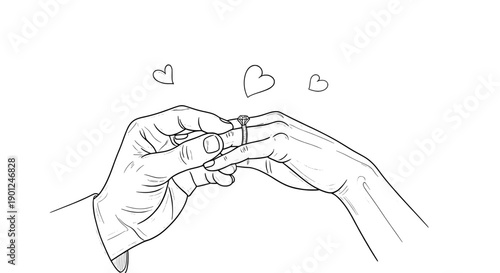 Engagement ring being placed on finger line art sketch