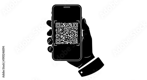 Qr code on a smartphone screen held by a hand silhouette