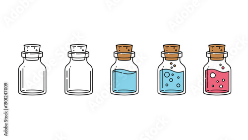 Set of five small glass bottles with cork stoppers containing different levels of blue and pink liquids and small bubbles inside.