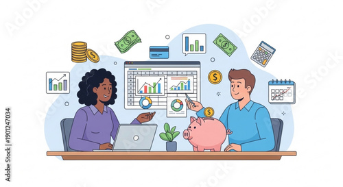 A cartoon illustration of a man and woman sitting at a desk with a laptop and piggy bank surrounded by financial symbols and graphs