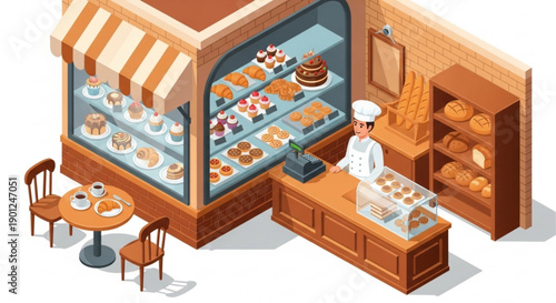 A colorful vector illustration of a bakery with a chef and various pastries on display