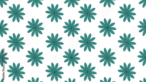 Repeating geometric pattern of simple teal flowers with multiple petals arranged in a clean grid on a bright white background.