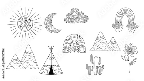 Collection of bohemian style line art icons including a sun moon clouds mountains a teepee a cactus a rainbow and a flower.
