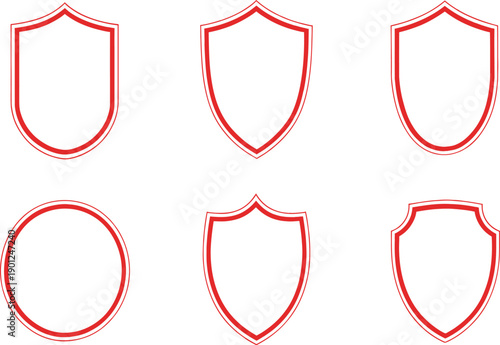 Red shield outline vector icons set, blank heraldic badge frames, protective security emblem borders, minimalist geometric crest shapes for logo design and branding.