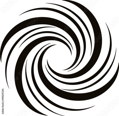A black and white spiral design with curved lines forming a circular pattern