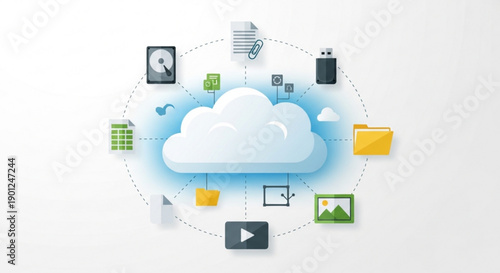 A vector graphic illustration of a cloud storage concept with various icons and symbols