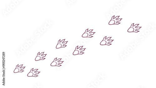 Series of small animal footprint tracks moving diagonally across a white space shown in a simple hand drawn line art style.
