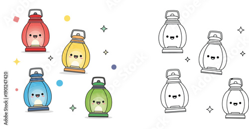 Cute Kawaii Camping Lantern Vector Set with Colored and Black and White Outline Versions for Kids Coloring Book, Educational Activity, Stickers, and Decorative Graphic Design