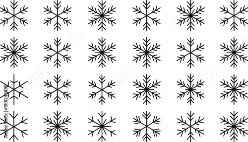 Winter snowflake pattern illustration vector set with black line crystal shapes arranged in grid layout for Christmas, holiday, and seasonal design backgrounds