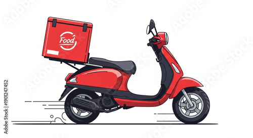 A vibrant red scooter with a food delivery box attached to the back, set against a clean white background.