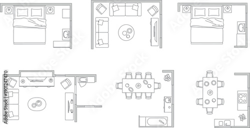 A set of six black and white technical drawings or blueprints isolated on transparent background