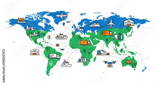 A colorful vector graphic illustration of a world map with various transportation and logistics icons