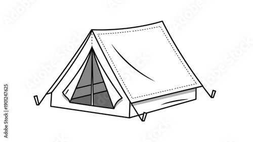 Classic triangular A-frame camping tent shown in a simple black and white line art illustration with shaded interior details.