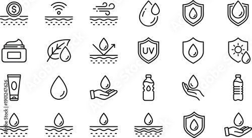 Water protection and hydration line icon set, droplet shield UV moisture skincare symbols outline vector illustration