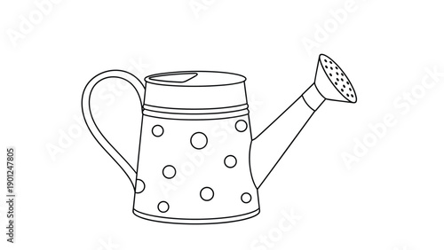 Hand drawn watering can with a decorative polka dot pattern for gardening and plant care illustration in a simple line art.