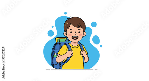 Cheerful young boy with bright yellow shirt, happily wearing a vibrant blue backpack, ready for an exciting school day.