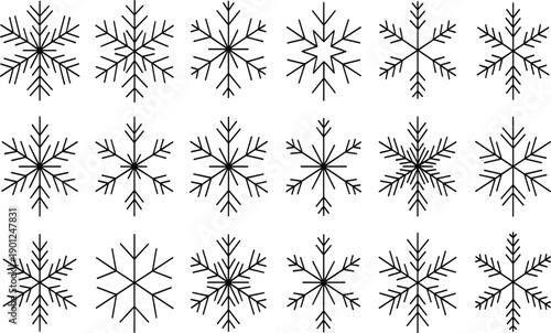 Winter snowflake line icon set vector with decorative crystal shapes and symmetrical ice patterns for Christmas, holiday, and seasonal graphic design