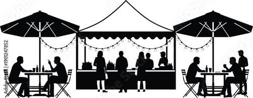 Silhouette of people at an outdoor food festival market with bistro tables, cafe umbrellas, string lights, street food stalls, and evening summer fair,