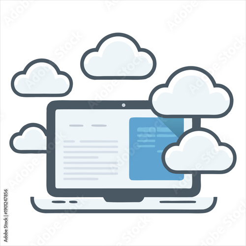 A laptop computer with cloud storage icons surrounding it.