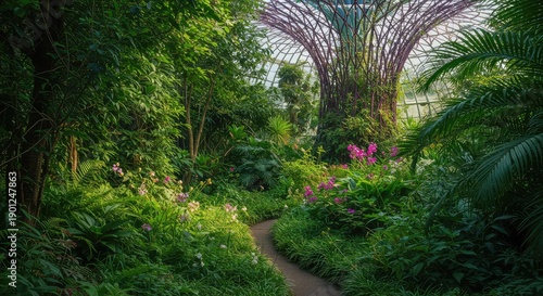 A beautiful, lush botanical garden filled with exotic green foliage and unique flowering plants along a winding path and walking trail ,garden ,vibrant ,tree
