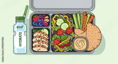 A colorful illustration of a lunchbox with healthy food and a water bottle