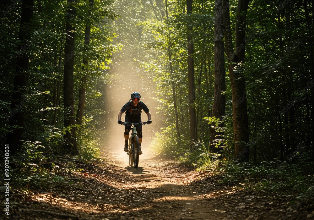Obraz premium A rider navigates a rugged dirt path through a dense forest canopy. The intense athletic activity highlights outdoor adventure and fitness goals ,equipment ,dirt ,gear