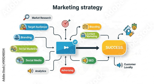 A vector graphic illustrating a marketing strategy with various components leading to success