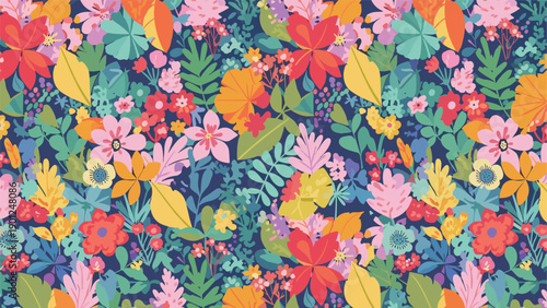 Vibrant seamless pattern with colorful flowers and tropical leaves for summer fashion and bright festive textile decoration.