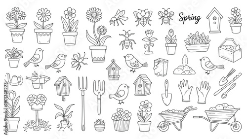 Large collection of hand-drawn spring garden icons including flowers and tools for seasonal nature and agriculture illustrations.