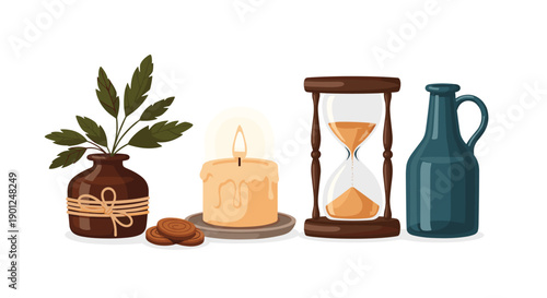 Rustic collection of a burning candle, elegant hourglass, ceramic vase with plant, cookies, and a teal jug, conveying
