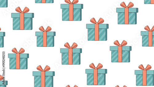 Seamless pattern of blue gift boxes with pink ribbons and bows for holiday celebrations and birthday present wrapping papers.