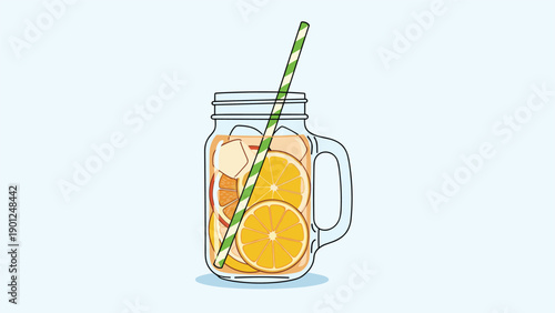 Refreshing glass mason jar filled with iced tea and orange slices for summer drink and cold beverage promotion illustrations.