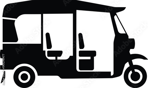 Cartoon silhouette illustration of auto rickshaw with canopy roof and seating, symbolizing urban mobility, public transport, and South Asian culture.