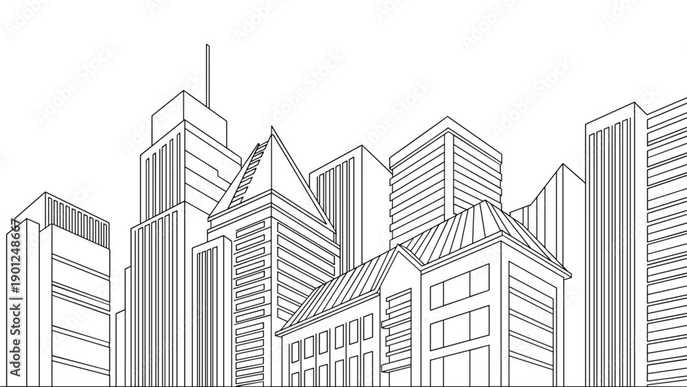 Naklejka premium Geometric line drawing of a dense city skyline with various high-rise buildings for urban planning and corporate office graphics.