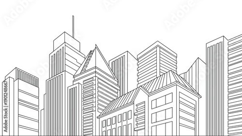 Geometric line drawing of a dense city skyline with various high-rise buildings for urban planning and corporate office graphics.