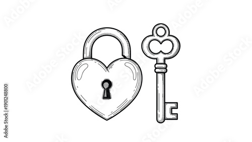 Vintage style sketch of a heart shaped padlock and an ornate metal key representing love security and romantic commitment on a plain surface.
