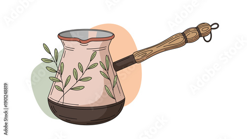 Traditional coffee cezve pot with a wooden handle decorated with green leaves and branches against a soft colored abstract background.