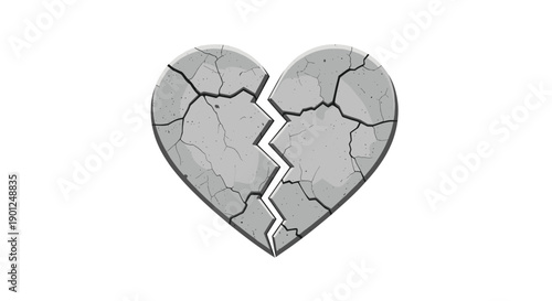 Visually striking broken heart rendered in a textured, cracked stone material, vividly symbolizing heartbreak, sorrow,