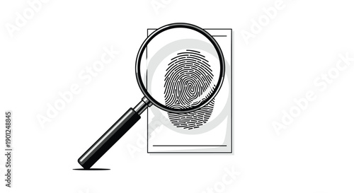Detailed illustration of a magnifying glass closely examining a unique fingerprint on a document, symbolizing precise